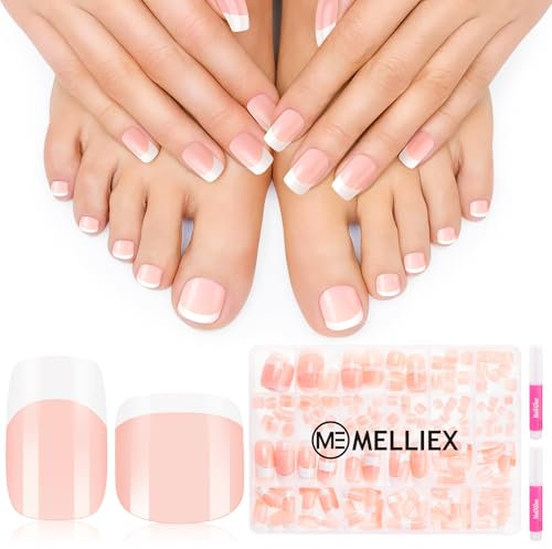 MELLIEX 240 Pièces French Faux Ongles Faux Ongles Pieds Court Artificiel Couverture Complète Capsules Ongles et Capsule Pied French Manucure pour Femme Filles