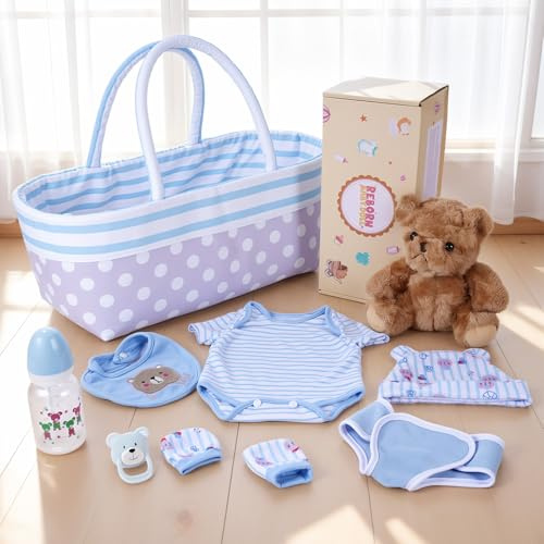 BABESIDE Accesorios para muñecas Reborn, moisés, Oso de bebé, Juego de alimentación y Cuidado para muñecas Reborn de 17 a 22 Pulgadas (9 Piezas)