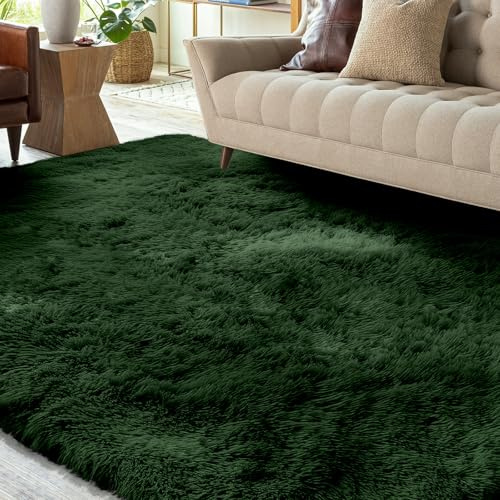 XSIVOD Hochflor Teppich Dunkelgrün 120x160 cm, Weicher Teppich Wohnzimmer