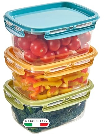 Snips Lock Mixcolor - Set 3 Contenitori per Alimenti 1,2L, Coperchio Salva Freschezza con 4 Chiusure di Sicurezza - Contenitore per Cibi 18,4x14x12 Frigorifero, Microonde e Lavastoviglie Made in Italy