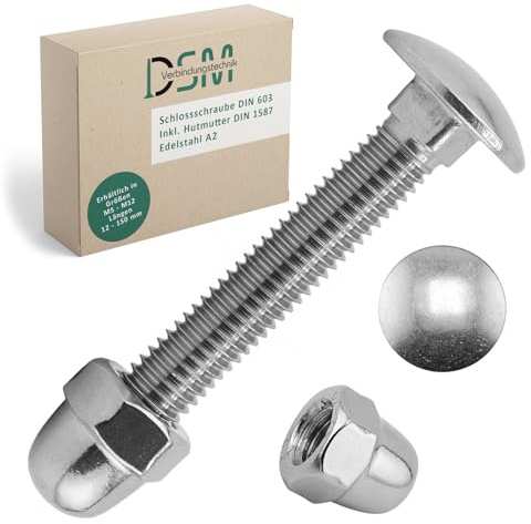 DSM – låsskruvar M10 x 80 mm enligt DIN 603 – M10 hattmutter DIN 1587 – rostfritt stål A2/V2A – helt gängade – platt huvudskruvar med fyrkantsfäste – kupolmuttrar – hög form – 25 stycken