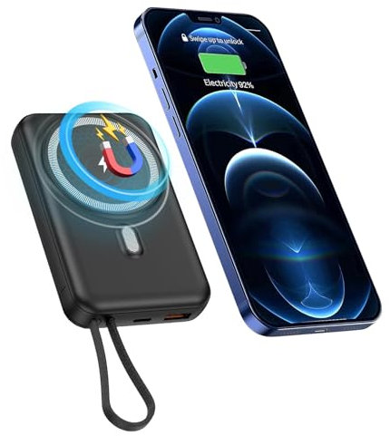 Anluomafuy Power Bank, 22.5W Bateria Externa Carga Rapida, 10000mAh Batería Portatil, USB C Cargador Inalámbrico, Cable Incorporado, Soporte Plegable, Pantalla LED, para iPhone, Samsung, Huawei (1)