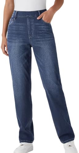 shownicer Jean Femme Taille Haute Pantalon Large Taille Elastique Jean Baggy Décontracté Stretch Jeans Droit A Bleu Foncé XXL
