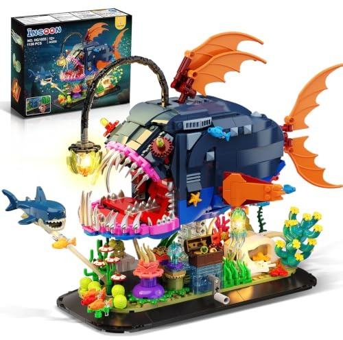 INSOON Laternenfisch Bauspielzeug mit Licht, Bewegliche Anglerfisch Klemmbausteine mit Hai und Quallen, 1139 Stück Meerestiere Bausteine Set, Home Deko Geschenk für Erwachsene Jugendliche Jungen 12+