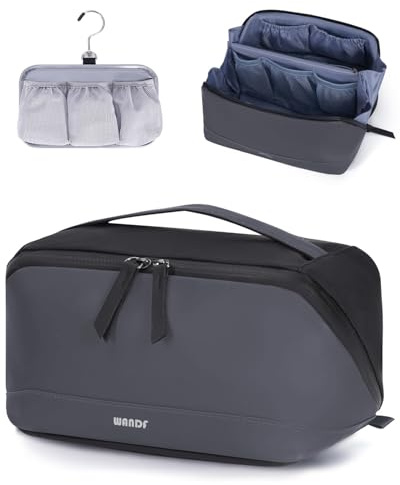 WANDF Toiletry Bag for Men, PU Leather Travel Organizer with Detachable Waterproof Hanging Pouch, Open-Flat Dopp Kit Shaving Bag with Wet Pocket for Travel Toiletries Accessories (Dark Gray)