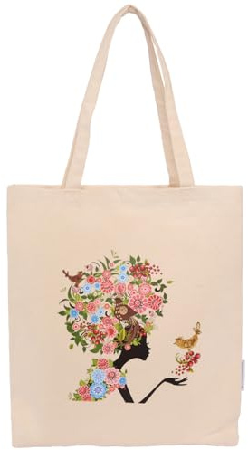 CREAWONDER Canvas Tote Bags with Handles Reusable Grocery Shopping Bag Sturdy Cotton Blank Cloth Bags for Women (CR019 Goddess of Flowers)