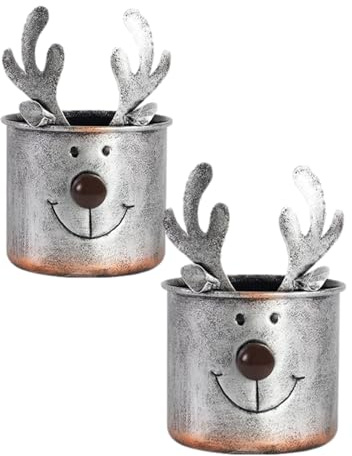 Fyne-Finds Tin Pail Silver Reindeer Plant Pot 20cm, 8inch Rustic Antler Smiling Face Christmas Festive Gift Deer Planter Xmas (2)