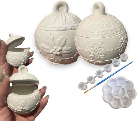 DIY Christmas Pottery Painting Kit, Plaster of Paris Ornament and Trinket Boxes Set, 6 Colours with Paint Brush, 8.5-9cm, Ready to Paint Christmas Pottery, Paint Your own Ornaments, Pottery Activity