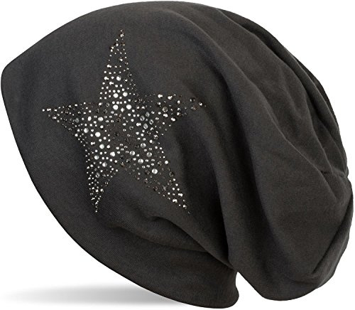 styleBREAKER Beanie för dam med strass-stjärna,Antracit