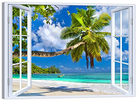 LuxHomeDecor Tableau fenêtre Palme île tropicale, mer 100 x 75 cm, impression sur toile avec châssis en bois, ameublement moderne