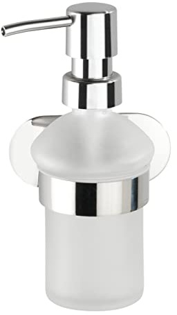 WENKO Turbo-Loc® Seifenspender Orea Shine, Befestigen ohne Bohren, abnehm- und nachfüllbarer Seifendosierer aus satiniertem Glas, Halterung aus rostfreiem Edelstahl glänzend, 10 x 16,5 x 10,5 cm