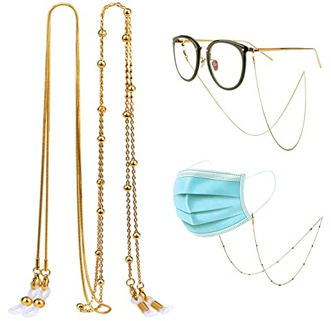 Zingso Metal Eyeglass Chain Neck Cord, 2 Pcs Anti-Slip Silicone Ends Spectacle Chain Sunglass Neck Strap Holder Glasses Lanyard Retainer for Women Men (Silver Golden) (Golden)