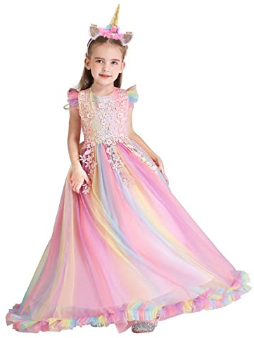 FMYFWY Princesse Canaval Costume Filles Déguisement Licorne Robe de Anniversaire Sans Manches Mariage Cérémonie Fête Soirée Spectacle Longue en Tulle Robes Bal avec Bandeau Multicolore 8-9