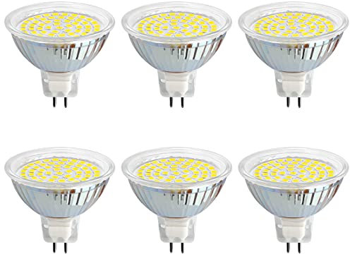 Akynite Leuchtmittel GU5.3 12V 5W Kaltweiß 6000K, 120 Grad, 500lm, GU5.3 35W 50W Halogen Ersatz, 50mm AC DC 12V MR16 LED-Einbaustrahler Kaltweiss für Bad/Küche, nicht dimmbar, 6 Stück