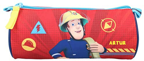 minimutz Schlampermäppchen mit Namen | Motiv Feuerwehrmann & Feuerwehr Auto in rot & blau | Stifterolle für Jungen