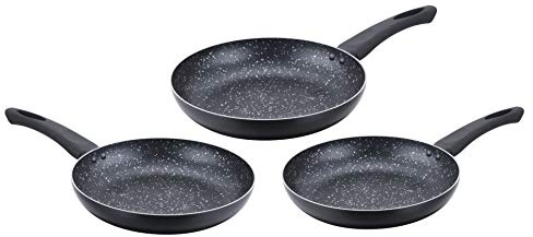 Cenocco CC2001-BLK - Lot de 3 Poêles en pierre - 3 Dimensions : 20cm, 24cm, 28cm - Cuisson Induction - Revêtement en pierre de marbre - Sans PFOA - Couleur Noir