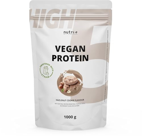 Nutri + High Five Vegan Protein Hazelnut Cookie - Proteína Vegana sin Sucralosa ni Soja - Arroz, Guisantes, Cáñamo, Trigo Sarraceno y Semillas de Calabaza - 1kg