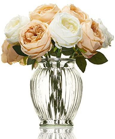 Wrenbury Ribbed Glass Vase for Flowers Large - Clear Glass 18cm - Tulip Vase for Roses, Bud, Daffodils or Peony - Big Wide Round Mouth for Posy for Mum