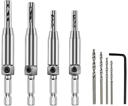 4 Pcs HSS Self Centering Hinge Drill Bits Set, 4 Pcs Drill Bit Set, 1 Hex Keys, Center Drill Bit Set for Wood Door Window Cabinet Drawer