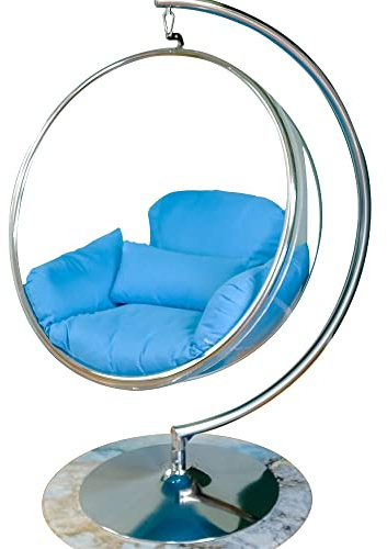 SK CHUMRA Bubble Hanging Chair Clear Acrylic Accent Swing Chair with Gold/Chrome Stand and Durable Fabric Seat Cushion (Chrome/Blue Cushion)