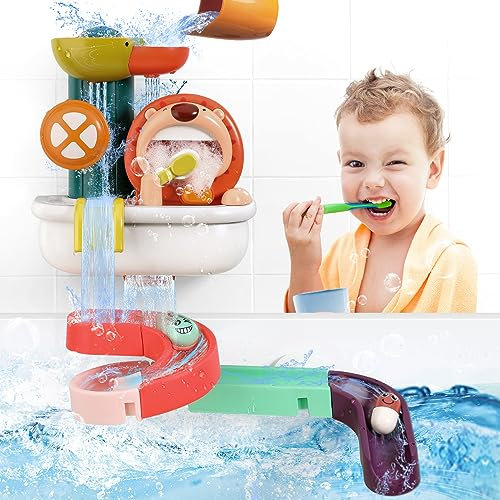 Mini Tudou Badespielzeug für Kinder,Löwe Badewannenspielzeug mit Blasenmaschine,Bad Wasserfall Spielzeug mit DIY Wasserrutsche,Ball,Tasse,Löwe Seifenblasenmacher,Baby Dusche Spielzeug für Kleinkinder