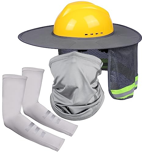 Hard Hat Sun Shade with Full Brim Visor, Shield Your Neck from Sun, Men's Construction Accessories for Hardhat Hats UV Sunshade Helmet Attachment Protection Arm Sleeves with Reflective Strip, 4pcs Set