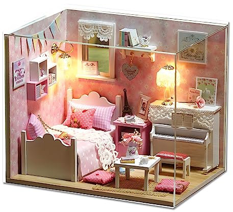 Puppenhaus, DIY Miniatur Puppenhaus Kit Schlafzimmer, Puppenhaus Miniatur DIY Haus Kit kreativen Raum mit Möbeln klare Abdeckung für Mädchen Jungen Kind Kunstwerk Geschenk (Pink)