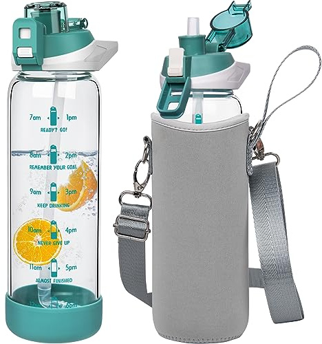Seekua 0.8l Botella Agua Cristal 800ml Botella Gimnasio Vidrio Deportiva con Pajita y Marca de Tiempo sin bpa