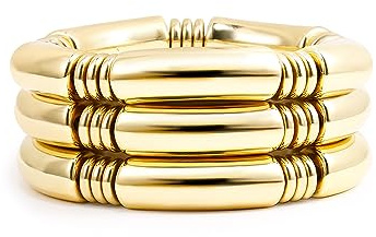 Badu 3pcs Gold Chunky Bangles Bracelets For Women 14k Gold Plated Stack Layered Curved Bamboo Tube Stretch Bracelets Gift Jewelry