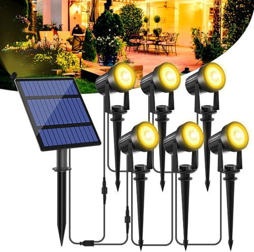T-SUNUS Luces Solares Jardín Exterior, 6 en 1 Focos LED con 2 Modos de Intensidad Luminosa, Encendido/Apagado Automático, Luz Solar Impermeable IP65 para Jardín Garaje Entrada Vallas Arboles, 3000K