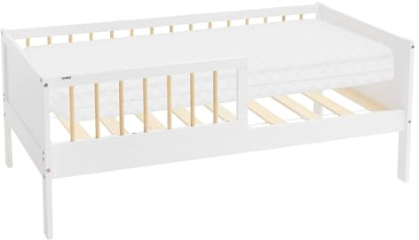 ML-Design Cama Infantil Blanco-Natural con Colchón De Espuma Fría 70x140cm Madera de Pino Maciza con Somier de Láminas y Protección Anticaída Estructura Robusta Mueble de Dormitorio para Niños/Bebés