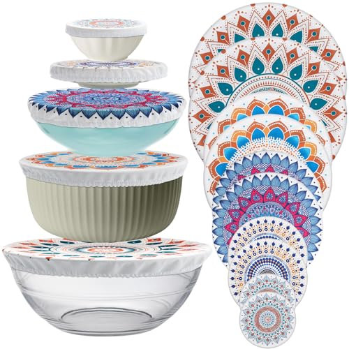 Wusboo Couvercles de Bol Réutilisables Élastique, Lot de 10 Pièces de Couvercles en Tissu Imperméable avec Design de Fruits pour Bols à Salade en Verre et Pots, Couvercles Extensibles