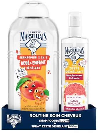 Le Petit Marseillais Shampooing 2 en 1 Bébé & Enfant Démêlant Pêche & abricot bio, 300ml + Spray Zeste Démêlant Pamplemousse & Jasmin, 200ml (Lot de 2) Routine soin cheveux 95% d'origine naturelle