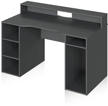 duehome | Mesa Gamer, Mesa de Ordenador, Modelo Galax, Acabado en Gris Antracita, Medidas: 136 cm (Largo) x 67 cm (Ancho) x 73-88 cm (Alto)
