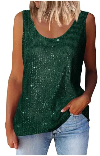 Canottiera da donna senza maniche con paillettes, top estivo, alla moda, tinta unita, con brillantini, per feste, camicetta glitterata, top da donna Y2K Camisole, verde, M