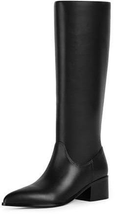 Modatope Knee High Boots Women Low Block Chunky Heel Tall Boots Pointed Toe Fall Long Boots for Women Side Zipper, Black Pu, 5.5 UK