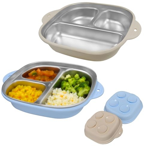 ALLILUYAA Assiette Ventouse pour Bébé, 2 Assiette Bebe Ventouse Costume, Fabriqué en Silicone Comestible, Vaisselle Bebe pour les Enfants, les Bébés(Brun/Bleu)