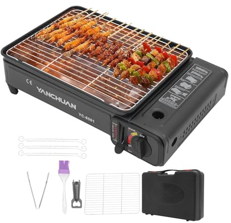 Levkitch Camping Grillset Set,Gasgrill für Kartuschen und Gasflaschen,Campingkocher mit 2*Grillnetz,Nahrungsmittelklammern,Ölbürste,Koffer(mit Grillnetz und Koffer)