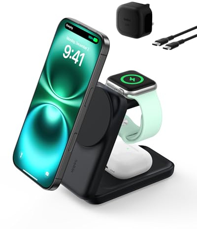 Belkin UltraCharge Magnetic Wireless Charger 25W, 3-in-1 Qi2.2 Certified MagSafe Compatible Fast Charger, Charging Station for iPhone 17, Air, Apple Watch, AirPods, Pixelsnap with 45W Adapter - Black