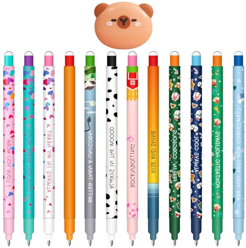 Set di Penne Gel-Cancellabili - Natale Erasable Gel Pens Sfera sull'Estremità per Rimuovere l'Inchiostro, Termosensibile, Diametro Punta 0,7 mm (12 penne cancellabili + gomma a forma di capibara)