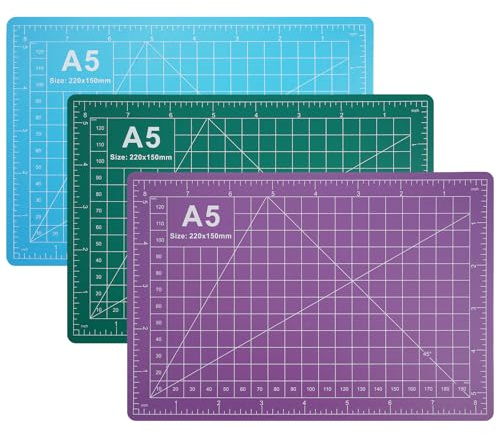 3 Piezas Base de Corte con Cuadrícula A5 de Doble Cara, 22x15cm Tapete de Corte Autocuración, Tabla de Corte Colorido, PVC Estera de Corte, para Coser, Manualidades y Patchwork (Azul Verde Morado)