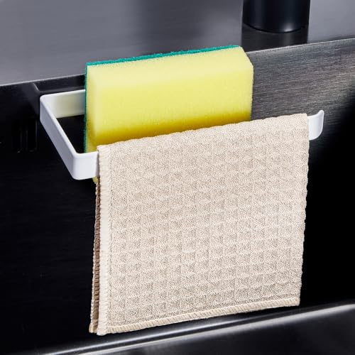 LOXSUN Portaesponjas para Fregadero, Porta Trapos Autoadhesivo, portaesponjas para Cocina 2 en 1, Porta Trapo de metálico para Trapos, esponjas, cepillos y tapón de Fregadero (Blanco)