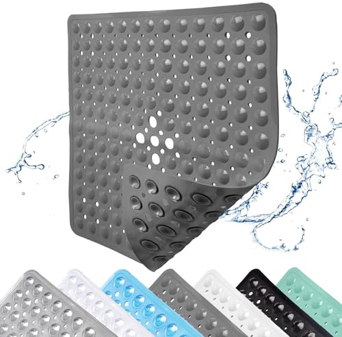 Duschmatta, halkfri, 53 x 53 cm, halkfri matta, dusch med sugkoppar, fyrkantiga duschmattor, badkarsmatta av PVC med dräneringshål, för dusch, bastu, grå