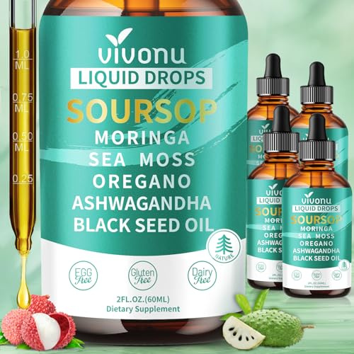 Soursop Bitters Liquid Drops 3000mg, 10-in-1 Soursop Drops with Ashwagandha, Black Seed Oil, Moringa, See Moss for Natural Antioxidant, Cell Support & Regeneration, Immune Boost, Rich In Vitamin D& C