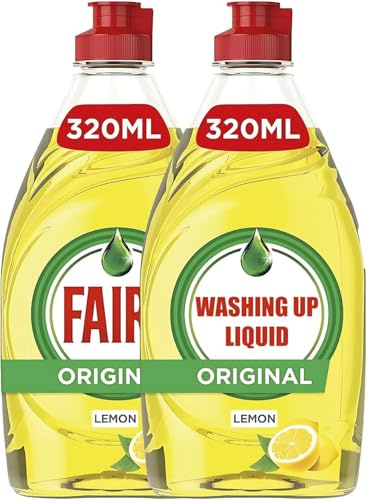 Fairy Lemon Washing Up Liquid 2 Pack 320ml Powerful Grease Cutting Dishwashing Liquid Long Lasting Suds Tough on Grease Gentle on Hands Concentrated Formula Fresh Lemon Scent Kitchen Essential
