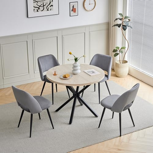 DEYARNA HOME Matgrupp med 4 stolar, 100 cm runt bord med 4 stoppade sammetsmatstolar, mid-century modern design för kök, vardagsrum, restauranger (ljusgul + grå)