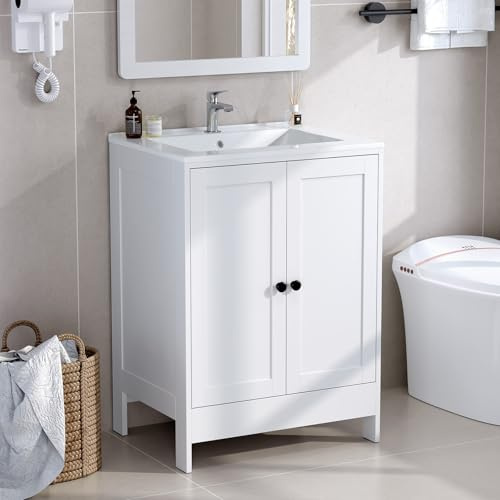 Bonnlo Waschbecken mit Unterschrank, Weißer 2-türiger Badezimmerschrank, Waschbeckenunterschrank mit Aufbewahrung an beiden Türen, 60 x 44,5 x 84 cm