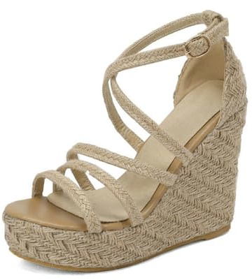 Genéric Sandalias De Cuña Espadrille para Mujer En Yute Tejido Punta Abierta Multi-Correas Hebilla Ajustable Verano Boda Dama De Honor Antideslizante Moda,Flesh,45 EU
