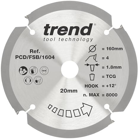 Trend PCD Fibre Cement Circular Saw Blade, 305mm Diameter, 30mm Bore, 8 Teeth, 2.4mm Kerf, +12° Hook, PCD, Coarse Finish, PCD/FSB/3058