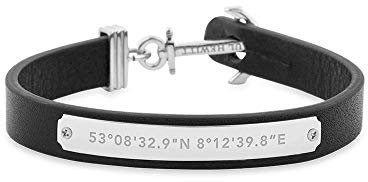 PAUL HEWITT Anker Armband Signum Koordinaten Armband Leder (Schwarz) mit Anker Schmuck aus Edelstahl (Silber)